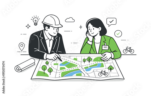 Green urban planning. Architect and city official examining a simplified city map with parks, bike lanes, and green zones highlighted.