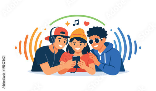 Music culture and youth movements visualized as friends sharing a playlist on a phone with colorful sound waves expanding outward. The
