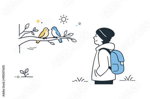 Quiet nature appreciation. Person pausing during a walk to observe birds resting on a tree branch, calm curiosity and softness. Editorial