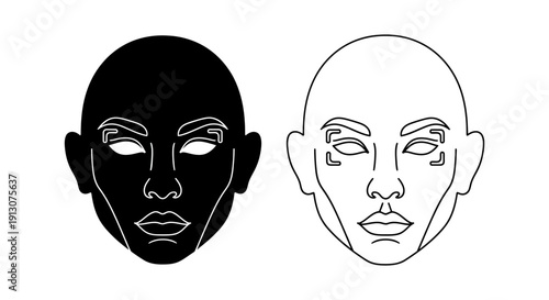Minimalist black and white face illustration, clean line art, simple portrait design Vector