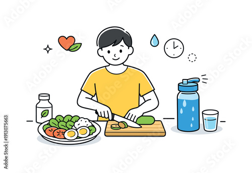 Healthy daily routine. Person preparing a balanced meal and a water bottle as part of a regular self-care habit. Quiet, practical scene with