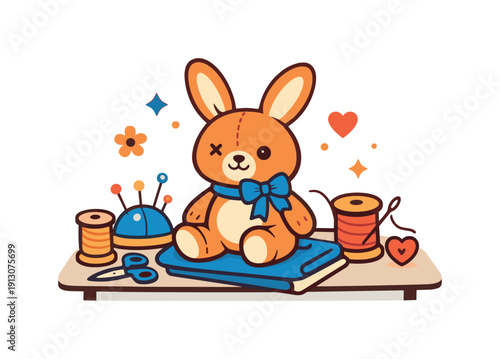 Hand-Sewn Craftsmanship. Hand-sewn stuffed animals and toys a charming scene with a soft handmade plush toy resting on a table, expressing care, craftsmanship
