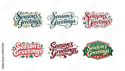 Seasonal floral greetings. Set lettering. harmonious lettering variations of the same emblematic concept, each with different artistic