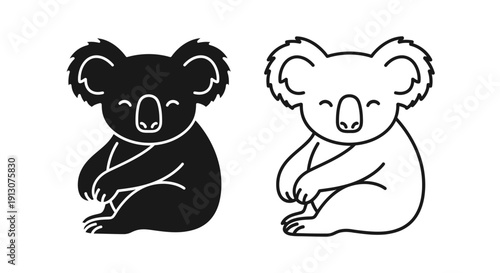 Two cute koala bear illustrations, simple line art, black and white sketch Vector