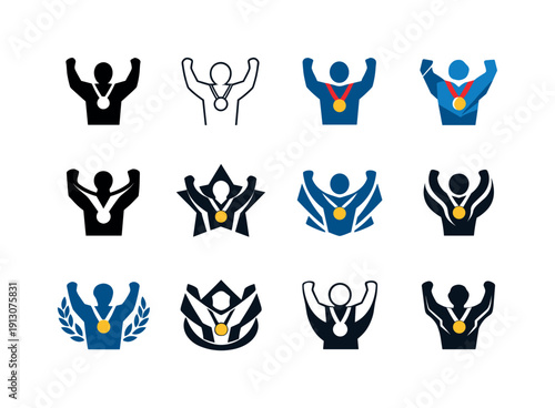 Winning moment. Icon set. Set Logo of Winning moment: victory pose with medal. harmonious logo variations of the same emblematic concept,