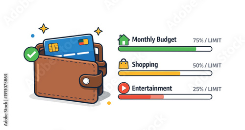Deciding on the use of credit cards in the family budget conveyed through a wallet with a single card highlighted and spending limits shown