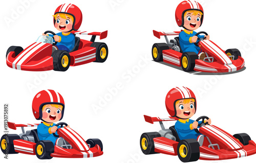 Vector illustration of a cheerful blonde boy in a red helmet driving a go-kart, presented in four different isolated poses on a transparent background.