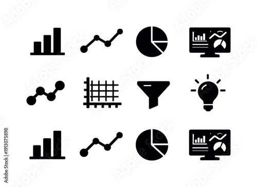   Data Visualization. Filled icon set of Data Visualization: bar chart, line graph, pie chart,