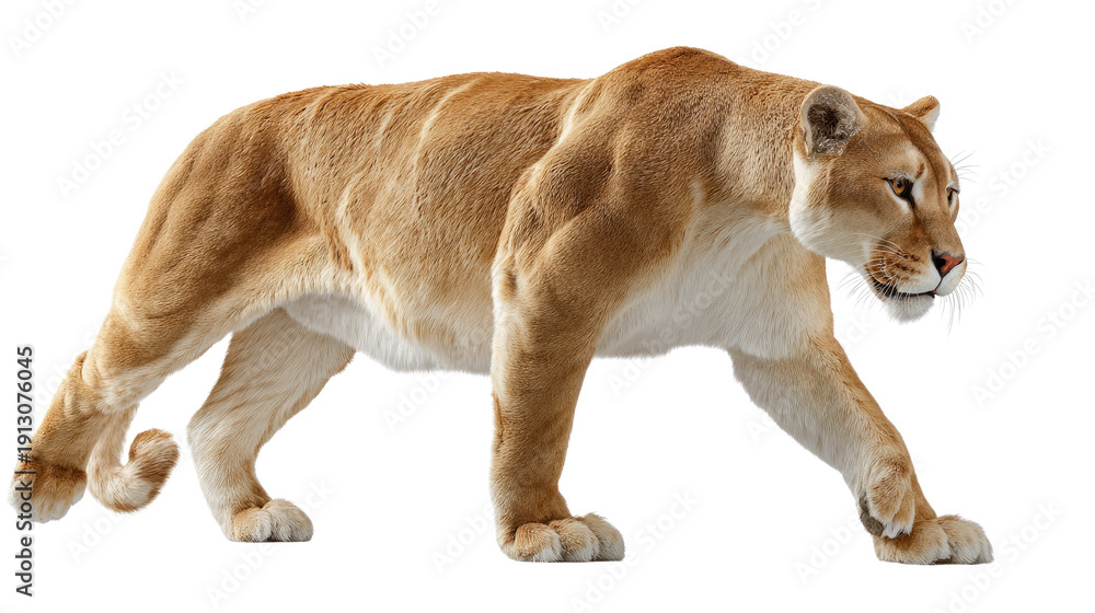 Obraz premium Majestic Mountain Lion in Action: A powerful mountain lion strides confidently, its muscular form a testament to its predatory prowess, showcasing the wild grace of the big cat.