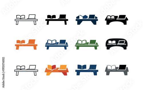 Coworking library-style spaces. Icon set. Set Logo of coworking library-style spaces: desks with books and laptops. harmonious logo