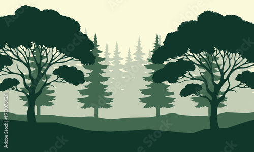Vector forest landscape with pine and deciduous tree silhouettes. Abstract green wilderness background for eco-themes and web banners.
