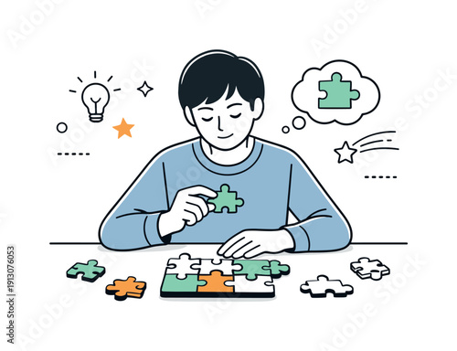 Puzzle solving. Person calmly assembling puzzle pieces on a table, focused and thoughtful mood. Sense of logic, patience, and quiet