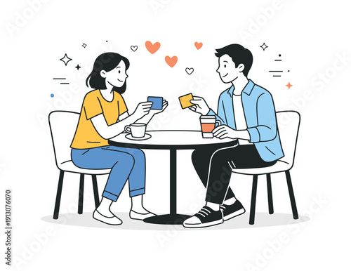 Companion couple activities. A couple sitting at a cafe table chatting and exchanging small notes, friendly smiles and relaxed mood, tiny
