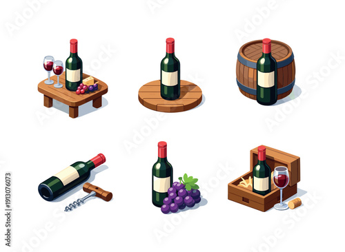    Winery. Isometric flat vector icons set of Winery: wine bottle on tasting table, wine bottle with wooden surface, wine bottle with barrel