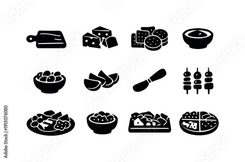 gourmet appetizer board. Solid icon set of gourmet appetizer board: wooden board, cheese assortment, crackers, dips bowl, olives, fruit