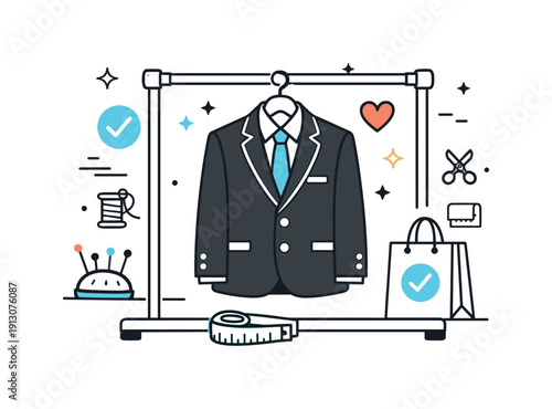 Finished alteration result. A neatly altered garment hanging on a rack, ready for pickup. Sense of completion, quality and craftsmanship