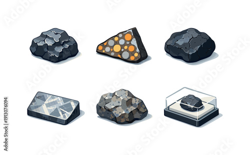 Meteorite Rock Icon Set. Meteorite Rock Sample. Isometric flat vector icons set of Meteorite Rock Sample: iron meteorite chunk, stony meteorite slice, fusion