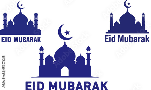 Three deep indigo blue vector mosque silhouettes with crescent moon and star symbols, accompanied by "Eid Mubarak" text, isolated on a transparent background.