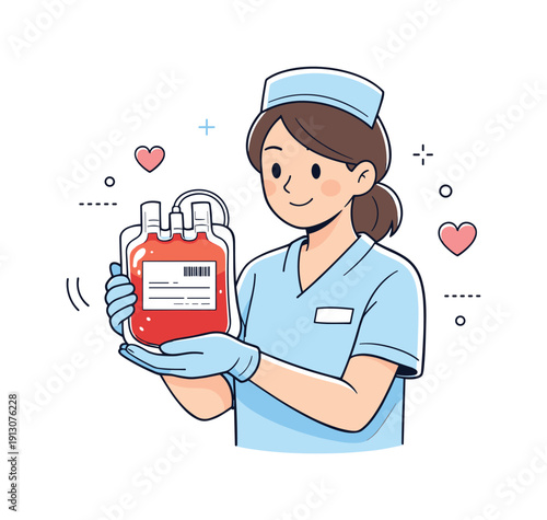 Blood donation bag. Nurse gently holding a filled blood bag after donation, calm and professional posture. Sense of care, trust,