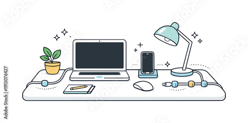 Organized Cable Desk. Desk with cable organizers. Clean modern desk setup with visible cable clips guiding charging cords, tiny sparkles and lines suggesting