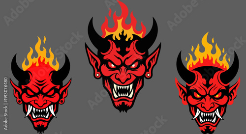 Vector illustration of three angry red devil heads with sharp horns, fangs, and fiery flames on a charcoal gray background, perfect for a poster or t-shirt design.