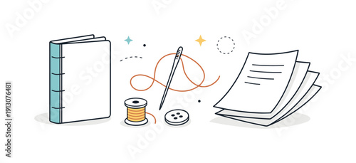 Minimal bookbinding illustration. A clean editorial composition with a book spine, needle, thread, and loose pages, softly floating with