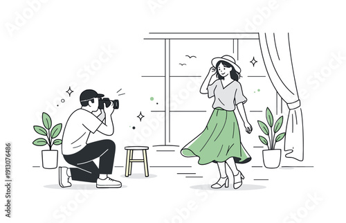 Natural light fashion photography. Photographer shooting a model in sustainable outfits near a large window, soft daylight emphasizing fabric