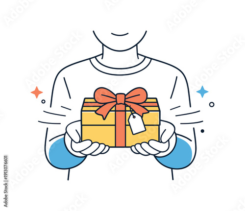 Sharing wrapped gifts. A calm editorial scene of a person holding a finished wrapped gift, ready to give, with gentle motion lines suggesting