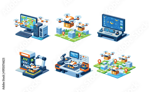 Drone delivery services. Isometric flat vector icons set of drone delivery services: autonomous fleet management, multiple drones