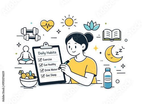 Healthy routine progress. A character checking off daily habits on a simple list, surrounded by calm wellness icons. The illustration conveys