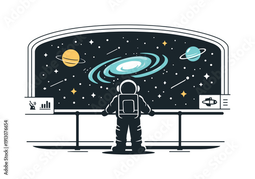 Astronaut's Galactic View. An astronaut looking out at the galaxy from the observation deck of a space station. An editorial-style composition with the