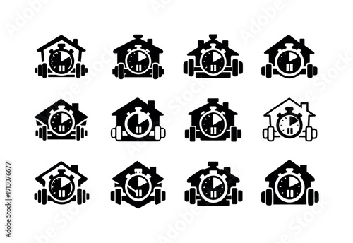    Home workout routine. Icon set. Set Logo of Home workout routine: fitness timer and reps counter. harmonious logo variations of the same