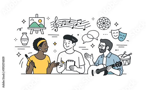 Cultural Art Exchange. Cultural diversity in the arts. Artists from different backgrounds collaborating and sharing ideas, calm creative exchange and mutual