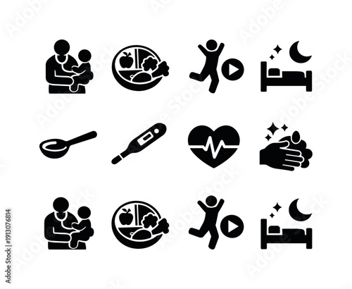 Health Icons Collection. Health and Wellness. Filled icon set of Health and Wellness: pediatric checkup,
