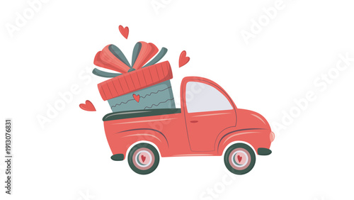 Cute retro car delivering gift. Special delivery. Red wagon. Birthday, Valentine's day or other holidays concept. Romantic vector illustration in flat cartoon style. For card, sale banner, invitation