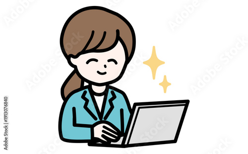 SaaSやクラウドツールの操作方法をPCで説明する女性。IT企業やテック系の解説用素材。