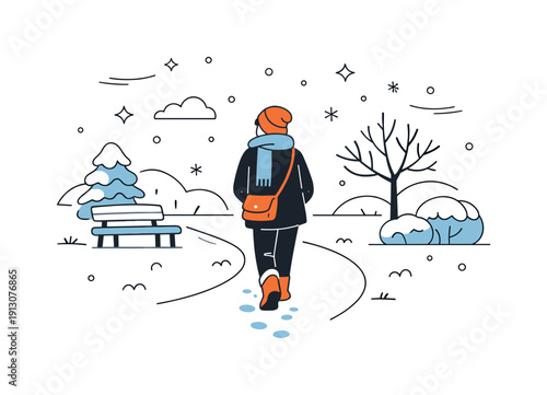 Experiencing the first snowfall of the season. A person walking through a park as light snow begins to settle on the ground and trees. The