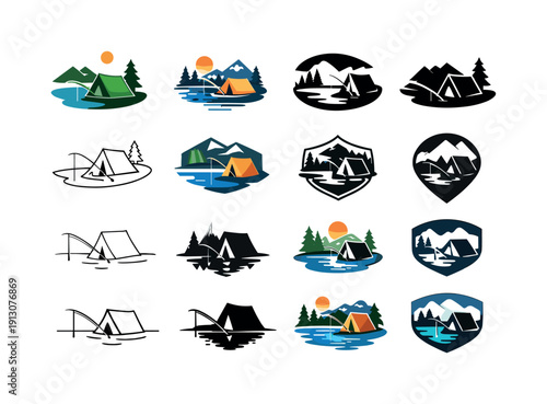 Remote Fishing Icons. Fishing in remote lakes. Icon set. Set Logo of fishing in remote lakes: tent by lake with fishing pole. harmonious logo variations of the