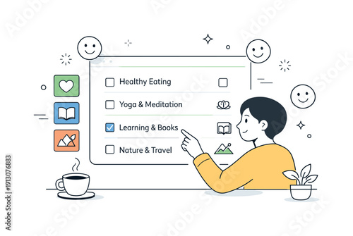 Positive content curation. A person customizing their feed with wellness and education topics, subtle filter and smile icons floating, calm
