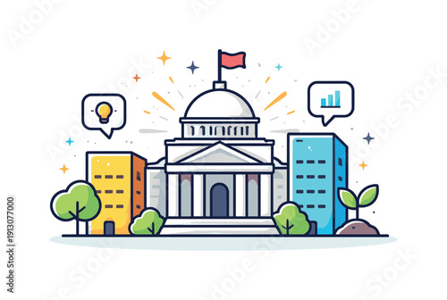 Legacy building a symbolic scene where an established building is framed by younger city elements, conveying mentorship, growth and influence