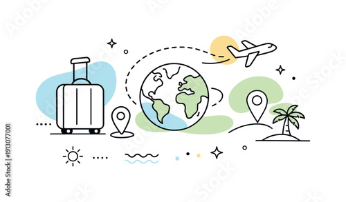    Global adventure backdrop. Simplified travel icons like suitcase, airplane, and location pins combined with soft abstract shapes. Calm and