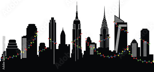 Christmas Holiday New York City Skyline Silhouette Vector with Colorful Festive String Lights Featuring Empire State Building Chrysler Building and Modern Manhattan Skyscrapers Silhouette