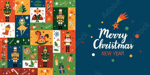 Banner with a cute Nutcracker. Poster. Christmas illustration. Interior poster. 
