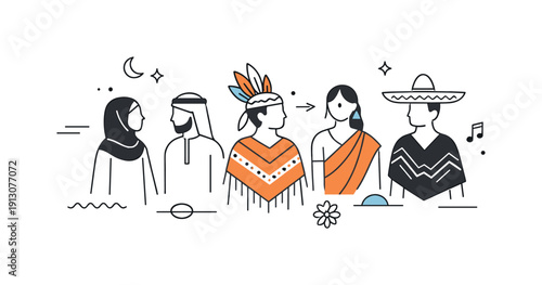 Cultural diversity concept. A minimal symbolic composition with multiple human figures, patterns, and colors representing different