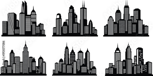Collection of black city skyline silhouettes with skyscraper buildings and urban downtown architecture icons isolated on white background for modern metropolitan landscape design projects