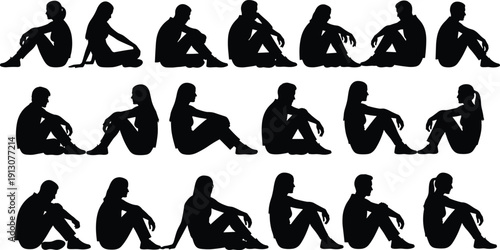 Collection of black silhouettes featuring men and women sitting on the ground in various poses isolated on white background for lifestyle and social design