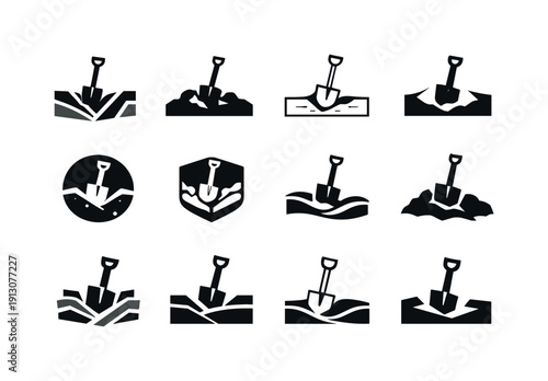 Trench Logo Variations. Trench. Icon set. Set Logo of Trench: digging tool in trench. harmonious logo variations of the same emblematic concept, each with