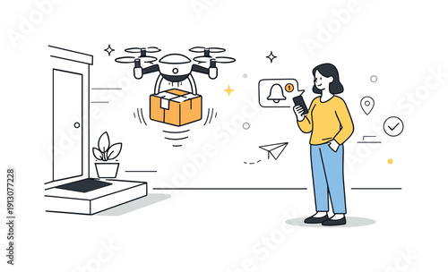 Autonomous drone delivery. A drone descending toward a doorstep while a person waits calmly nearby with a phone notification. The mood feels
