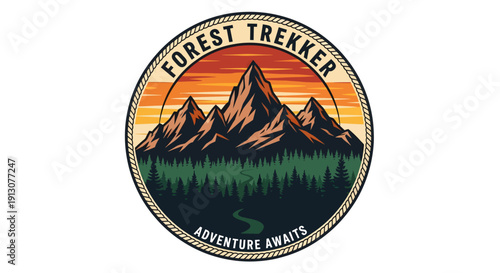 Forest Trekker Adventure Awaits Mountain Landscape Badge Design.
