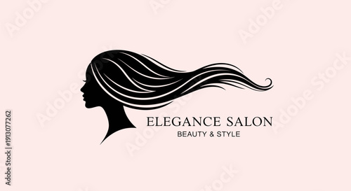 Elegant womans silhouette with flowing hair for beauty salon logo design.